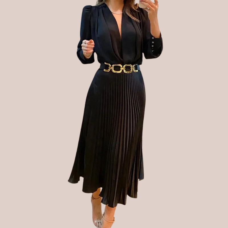 ARABELLA | Pleated Midi Dress with Gold Belt