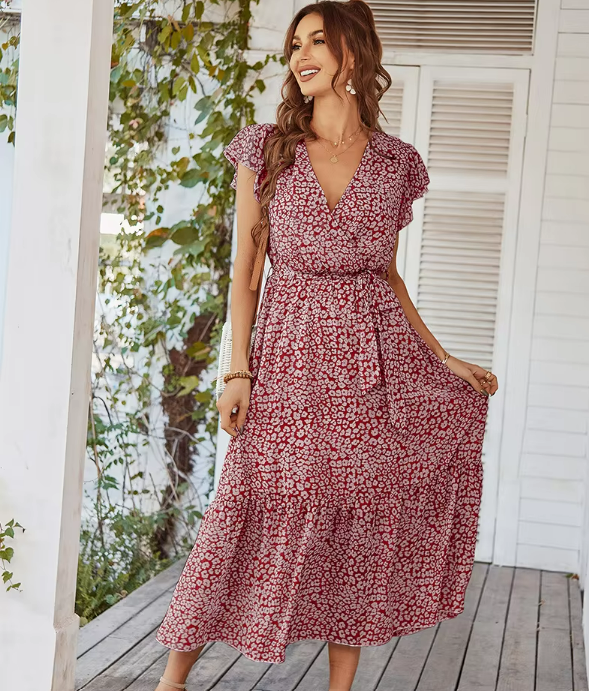 Geraldine V-neck Printed Long Dress