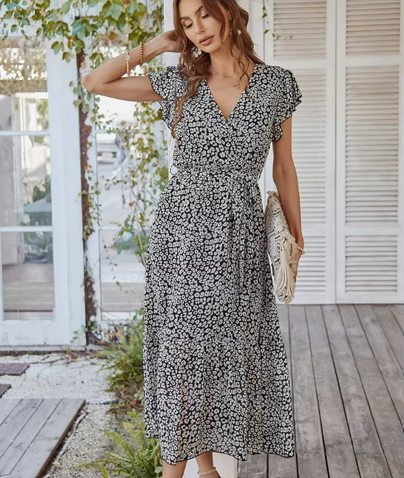 Geraldine V-neck Printed Long Dress