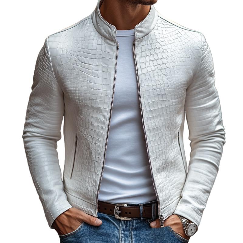 MAX™ - Stylish Stone Pattern Stand Collar Zipper Leather Jacket